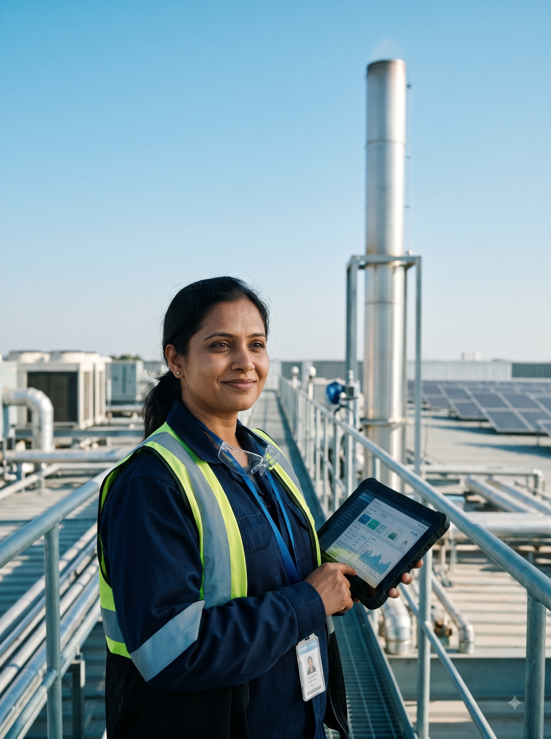 An engineer monitoring air purification equipment on a rooftop